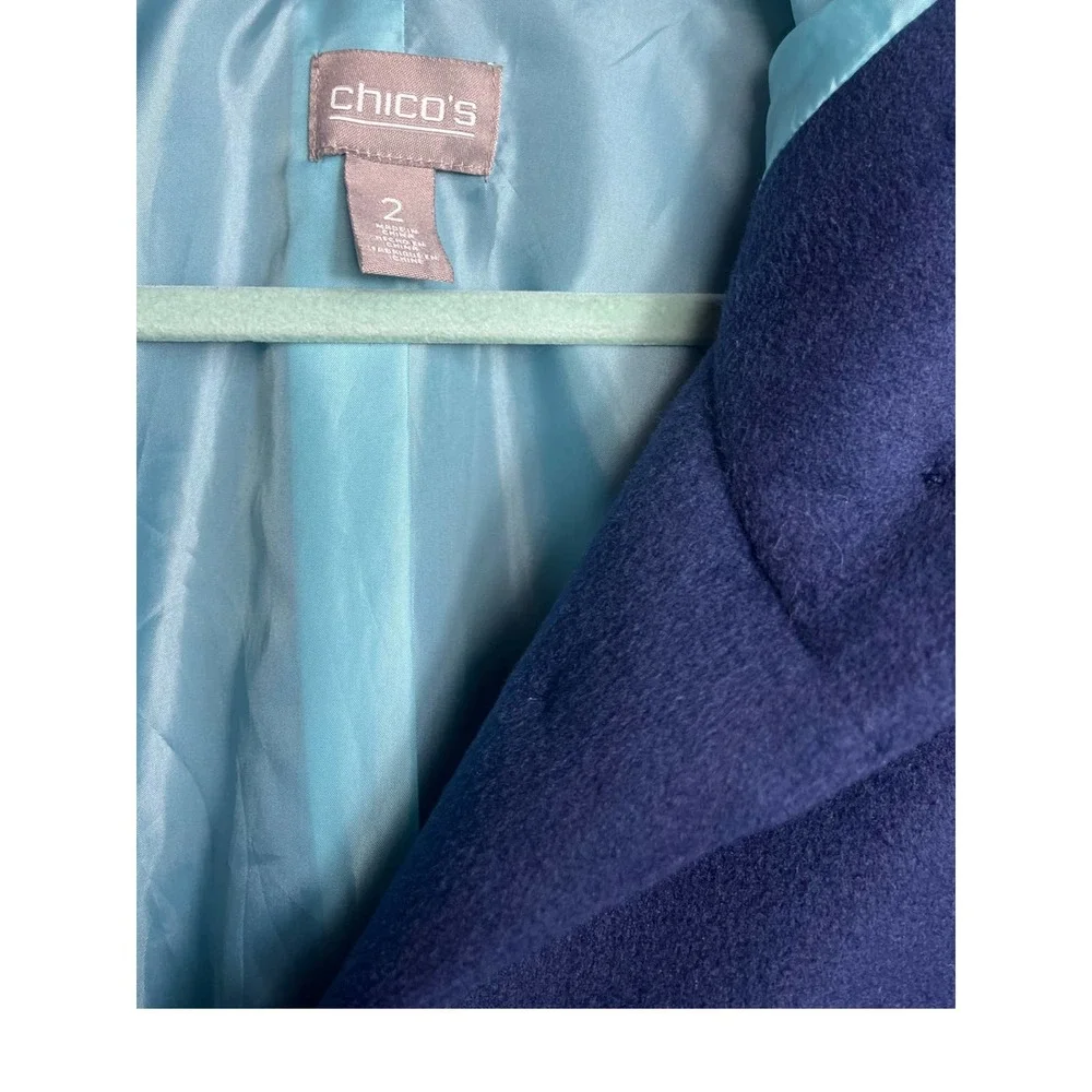 Chico's Hooded Coat, Faux-Wool Winter Mid Jacket | Size 2 (Large) | Navy Blue - Picture 3 of 10